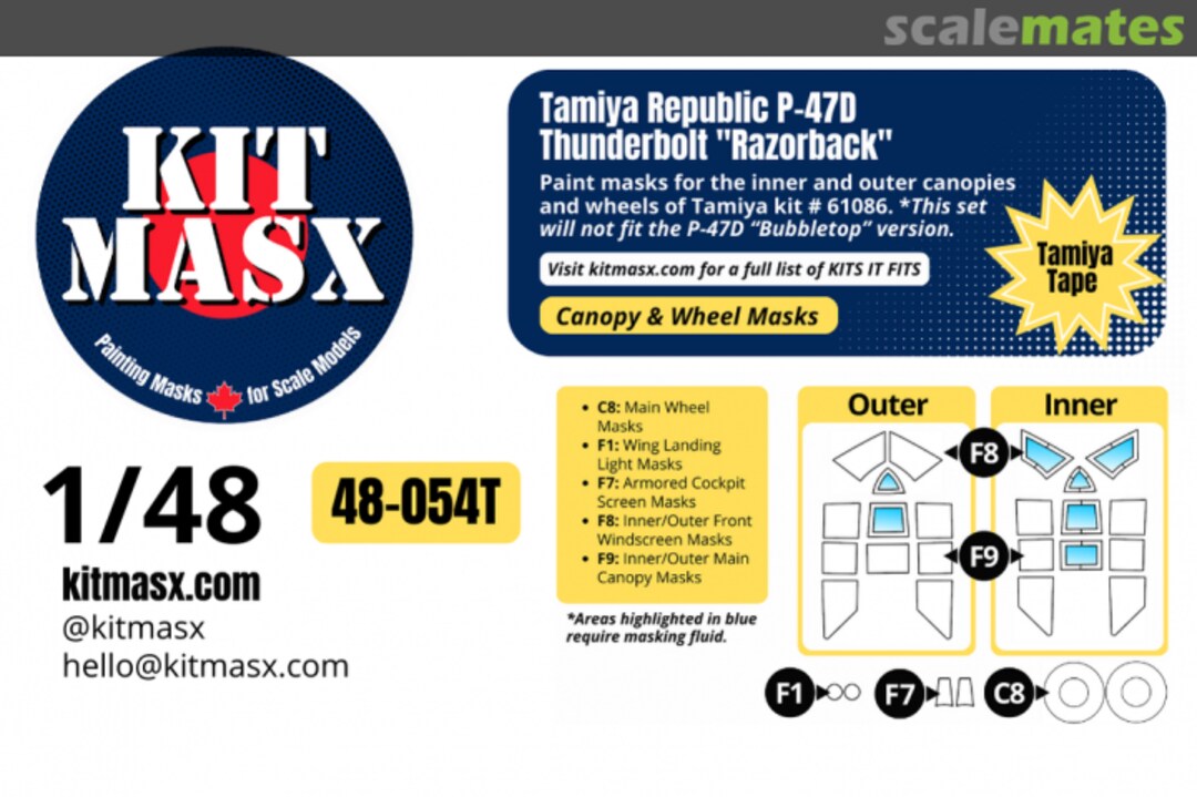 Boxart Republic P-47D Thunderbolt 'Razorback', canopy & wheel masks 40-054T Kit Masx