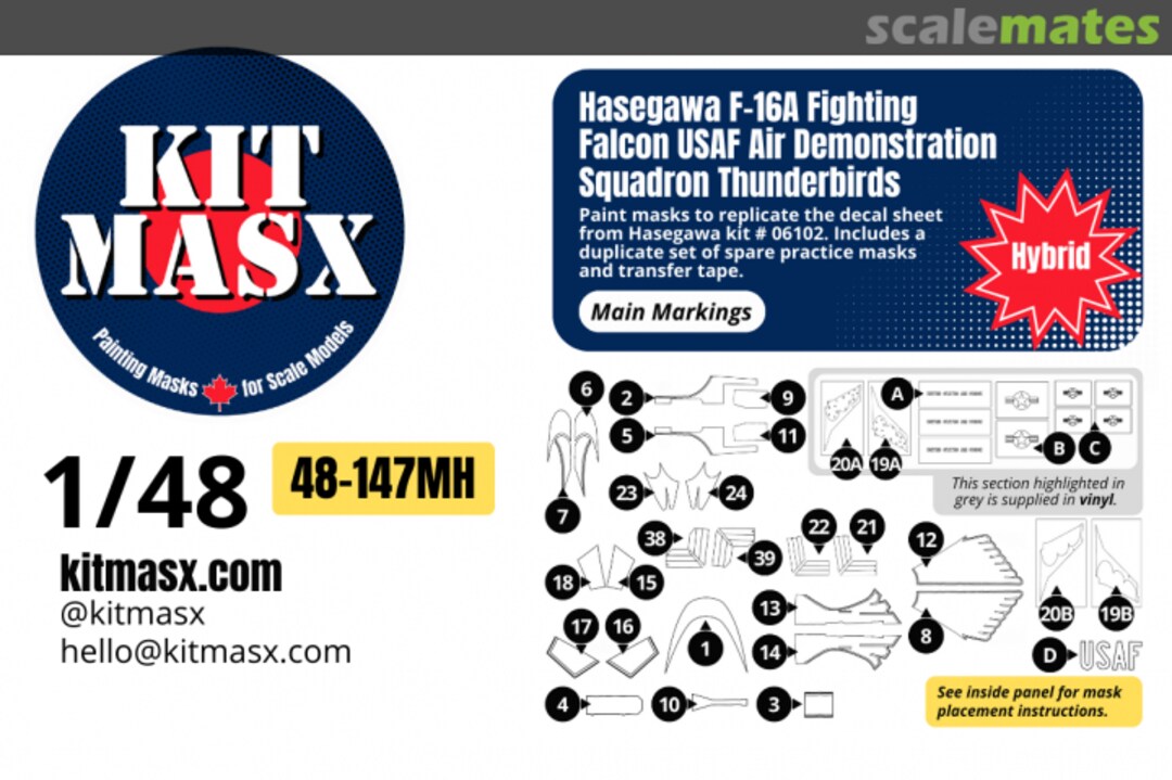 Boxart F16A Fighting Falcon USAF Air Demonstration Squadron 'Thunderbirds', main marking masks 48-147MH Kit Masx