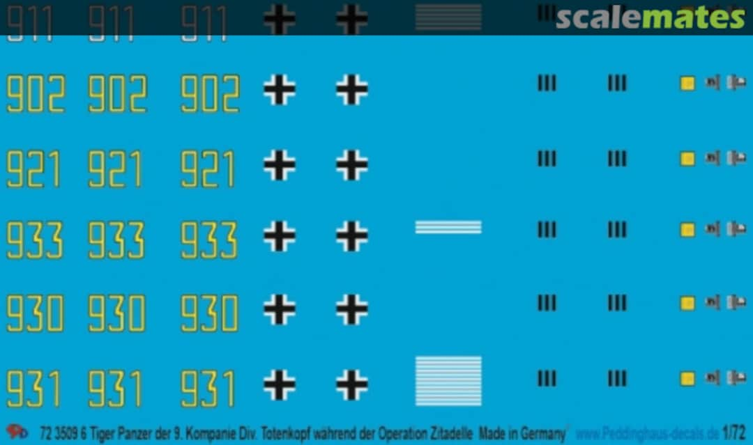 Boxart 6 Tiger I der 9. Kompanie Div. Totenkopf, Operation Zitadelle 72 3509 Peddinghaus-Decals