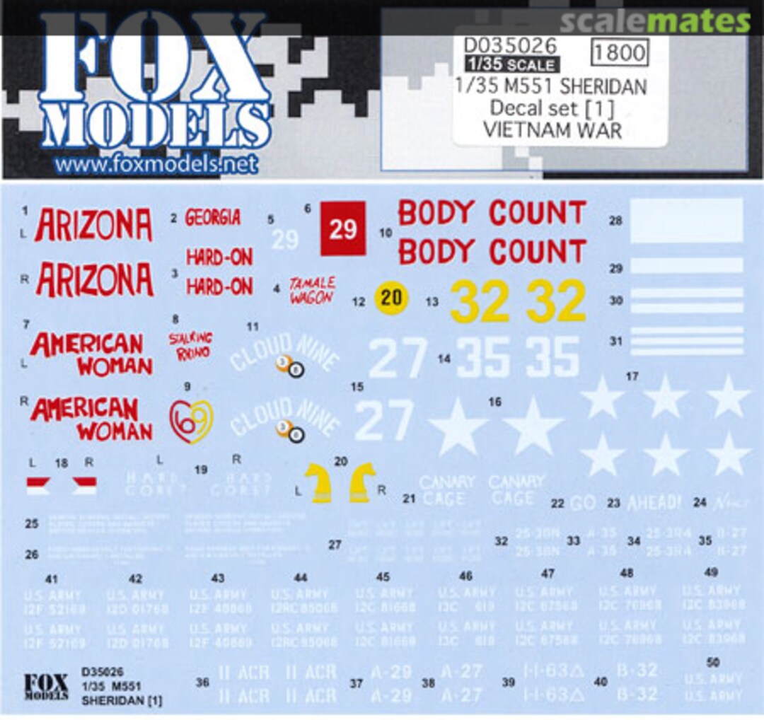 Boxart M551 Sheridan Decal Set (1) Vietnam War D035026 FOX MODELS