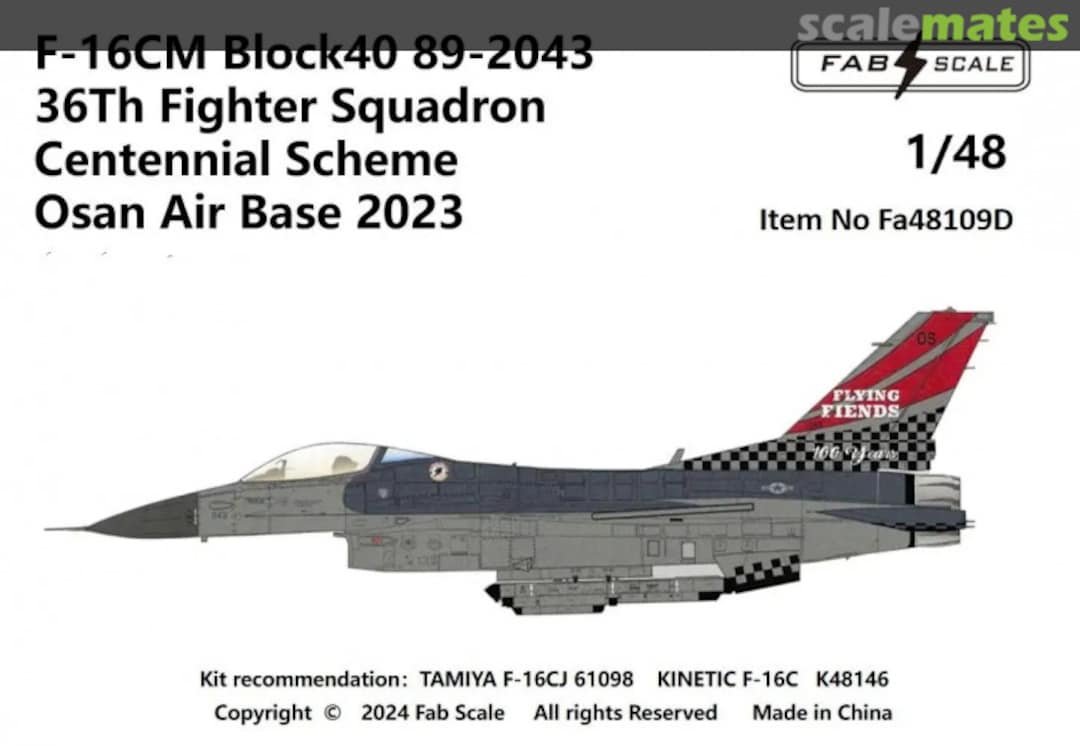 Boxart F-16CM Block40 89-2043 36Th Fighter Squadron Centennial Scheme Fa48109D Fab Scale