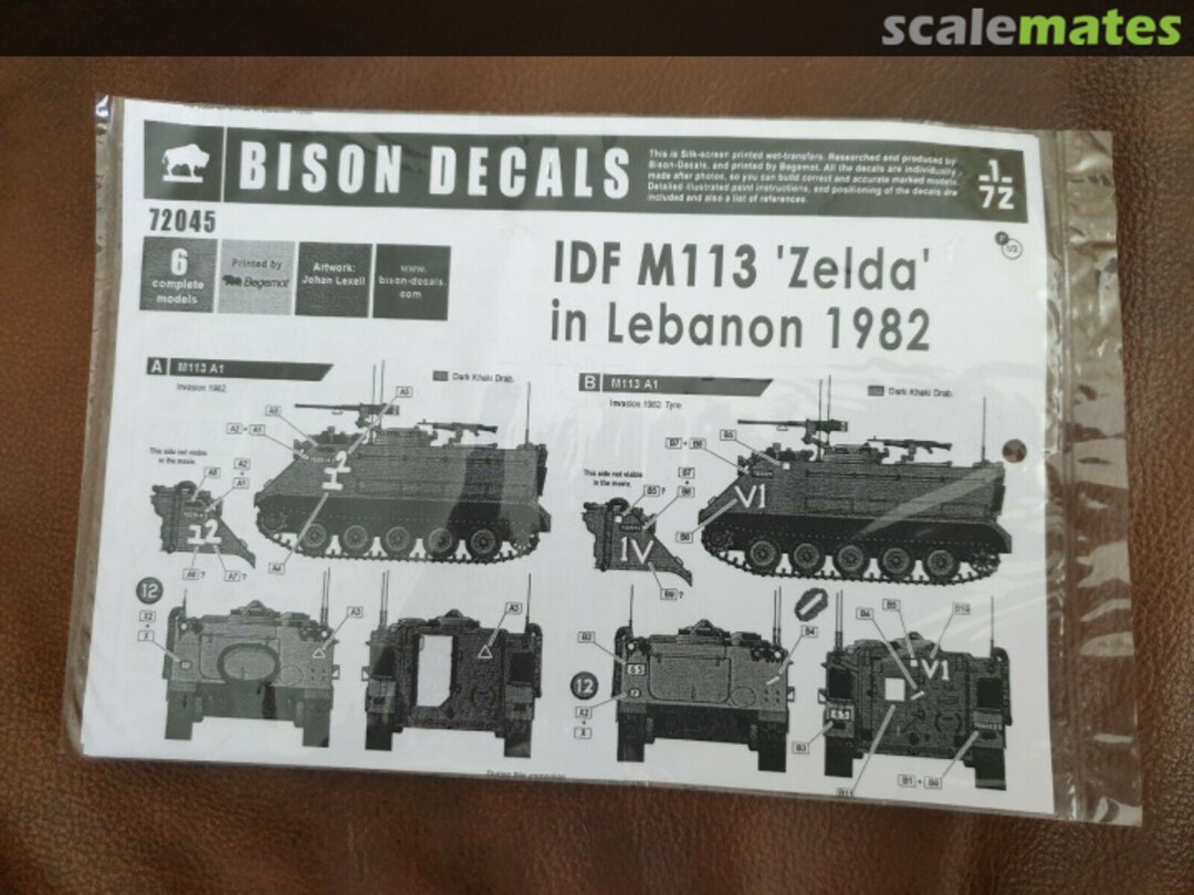 Boxart Israeli M113A1 'Zelda' used in Lebanon 1982 72045 Bison Decals