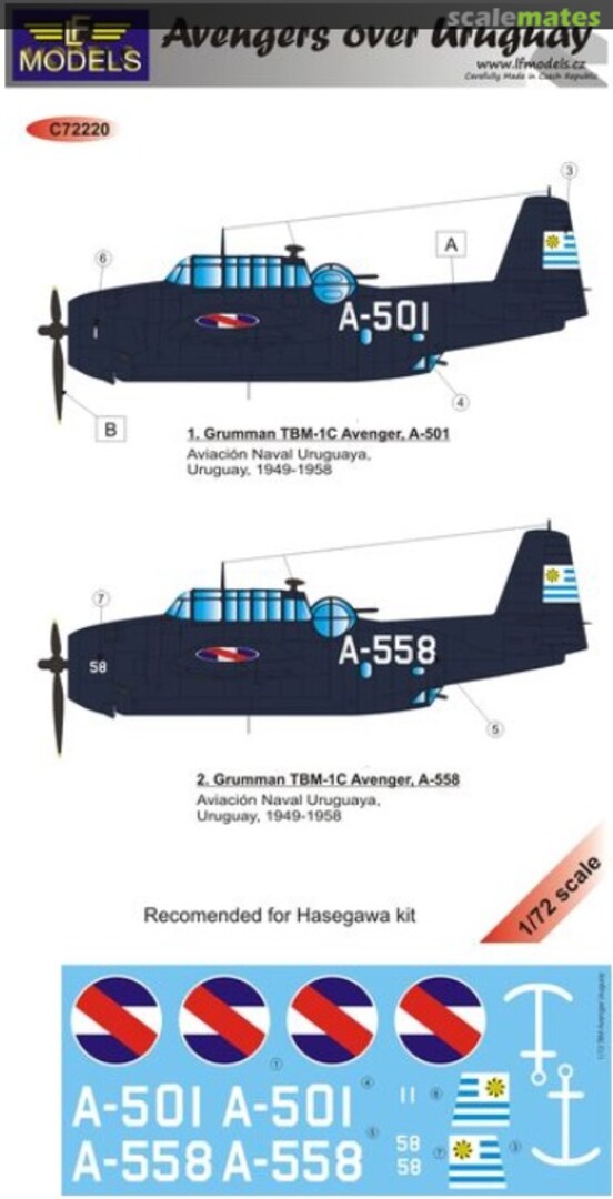 Boxart Grumman TBf.1C Avenger over Uruguay part II. 2 decal options for Hasegawa kit C72220 LF Models