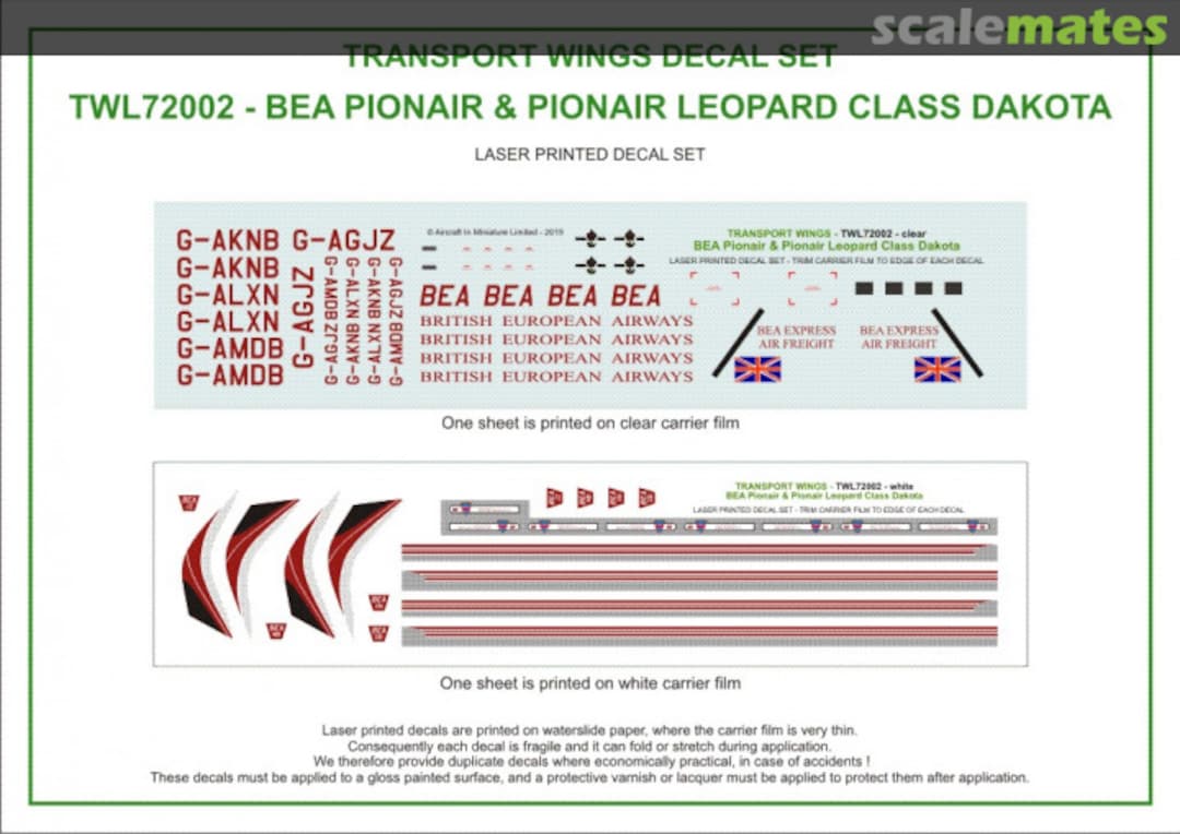 Contents BEA Pionair & Pionair Leopard Dakota (circa 1952) decal set. TWL72002 Aircraft In Miniature Ltd