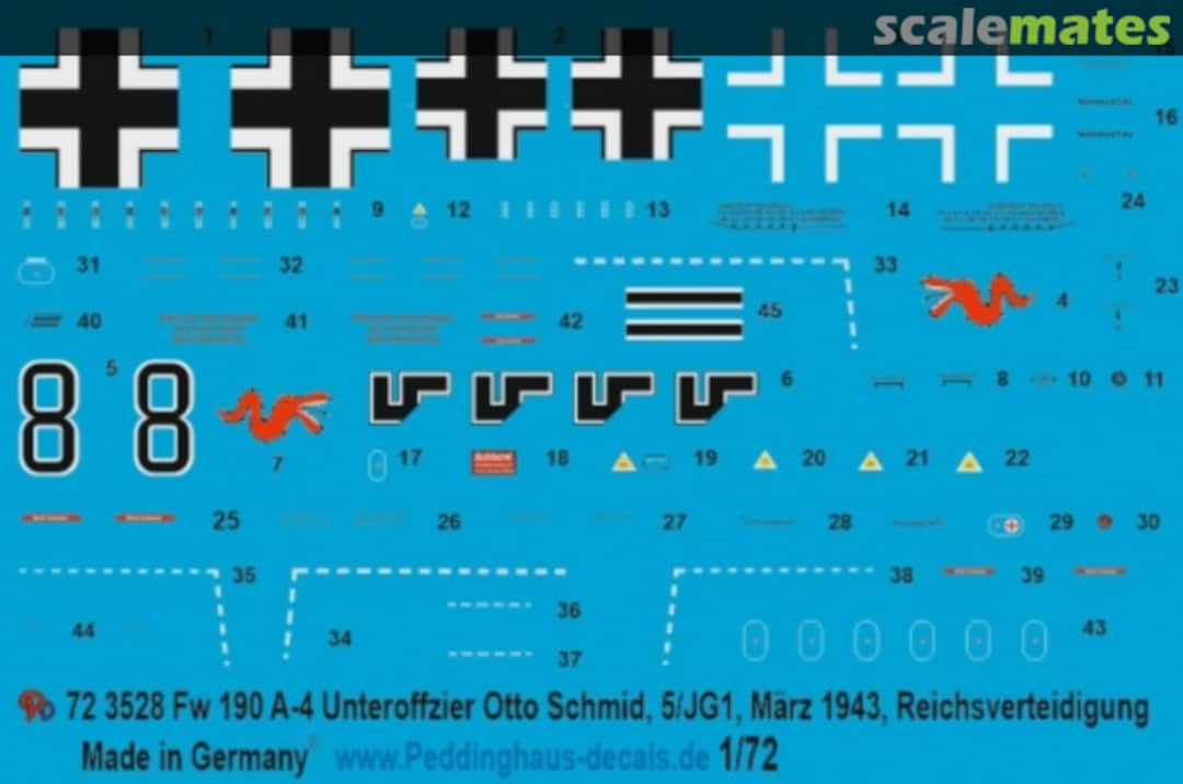 Boxart Fw 190 A-4 Unteroffizier Otto Schmid, 5/JG1, März 1943, Reichsverteidigung 72 3528 Peddinghaus-Decals