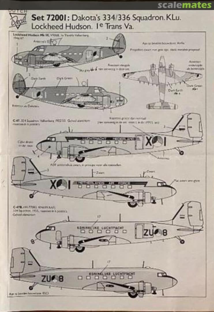 Boxart Dakota's 334/336 Squadron. KLu. Lockheed Hudson. 1e Trans Va. 72001 Dutch Decal