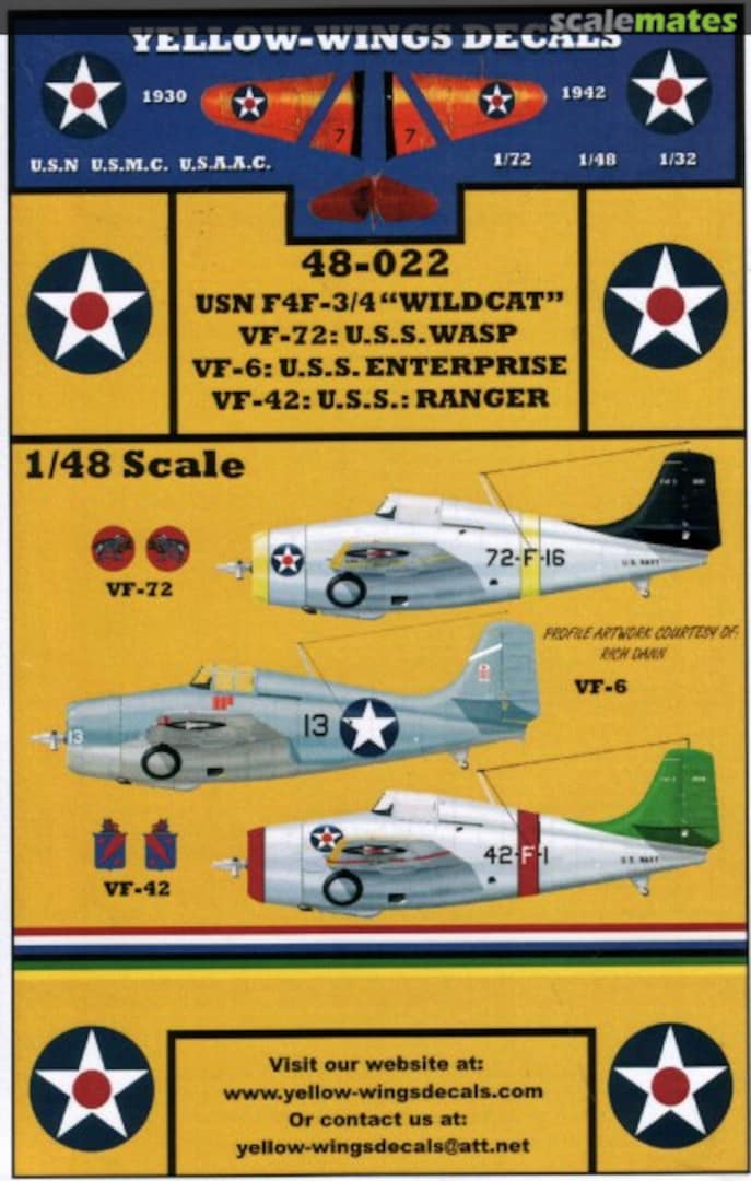 Boxart USN F4F-3/4 "Wildcat" 48-022 Yellow-Wings Decals