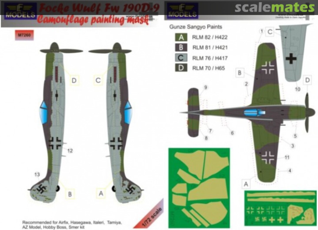 Boxart Focke-Wulf Fw.190D-9 camouflage pattern paint mask with insignia marking mask M7260 LF Models