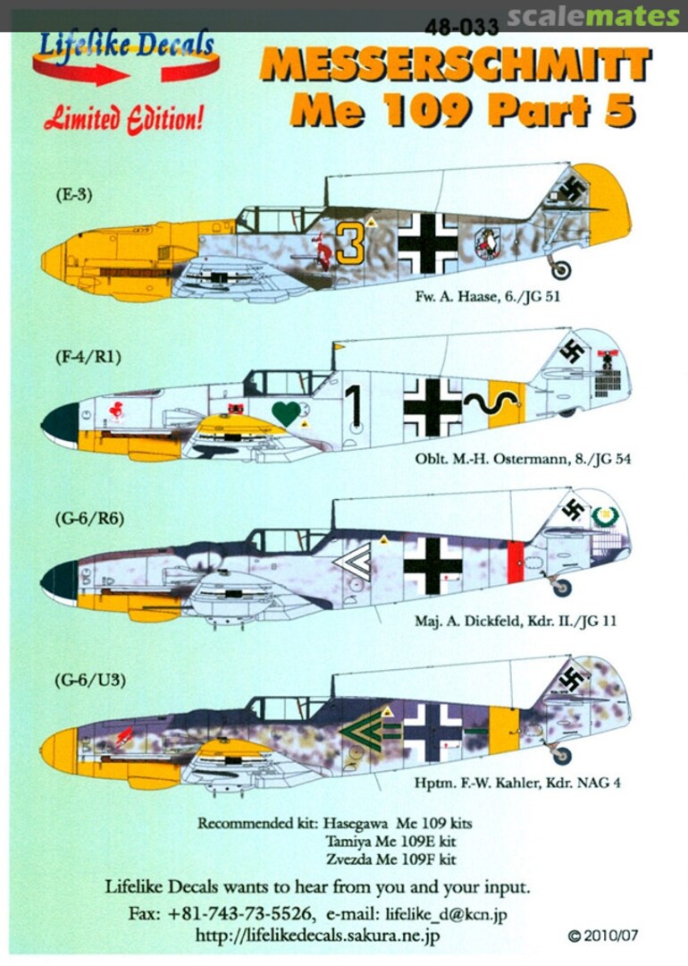 Boxart Messerschmitt Me 109 Part 5 48-033 Lifelike Decals