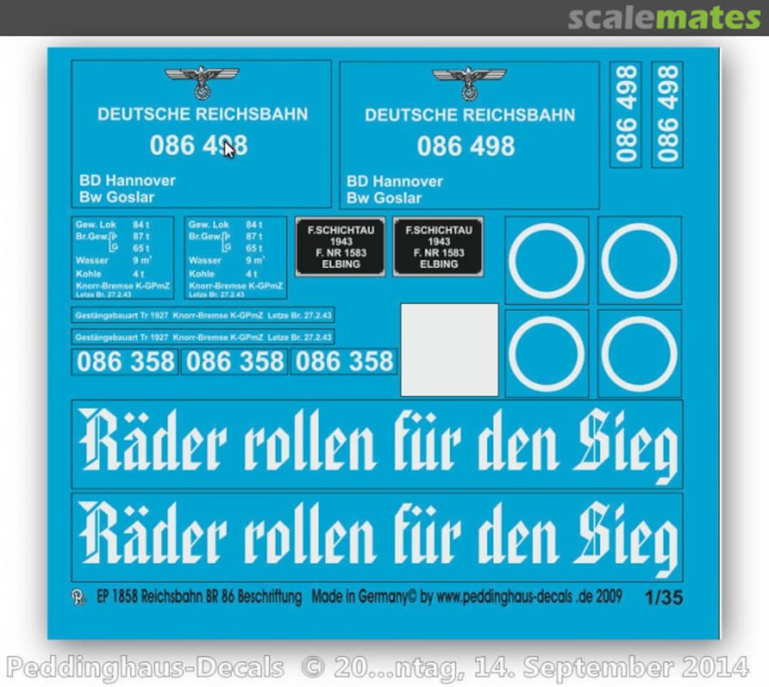 Boxart Reichsbahn BR 86 Beschriftung 351858 Peddinghaus-Decals