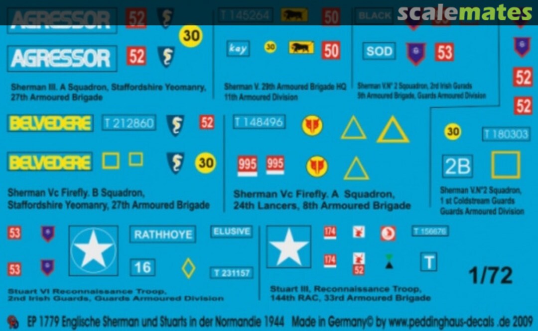 Boxart 6 englische Shermans und 2 Stuart Panzer in der Normandie 1944 EP 1779 Peddinghaus-Decals