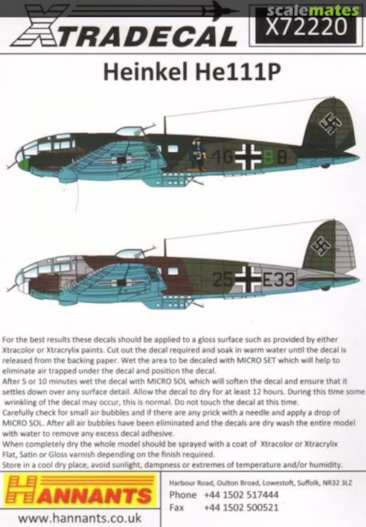 Contents Heinkel He 111P X72220 Xtradecal