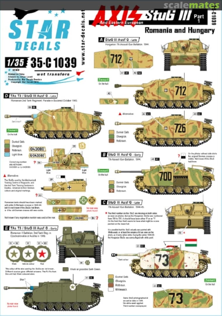 Boxart Axis/Eastern Europe StuG III (1). 35-C1039 Star Decals