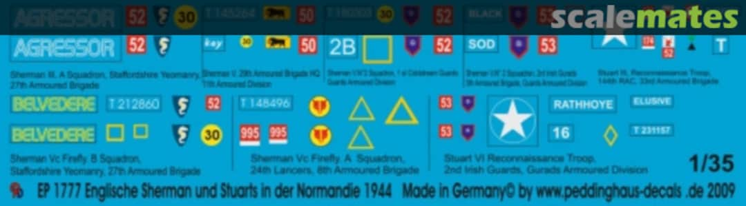 Boxart 6 englische Shermans und 2 Stuart Panzer in der Normandie 1944 EP 1777 Peddinghaus-Decals