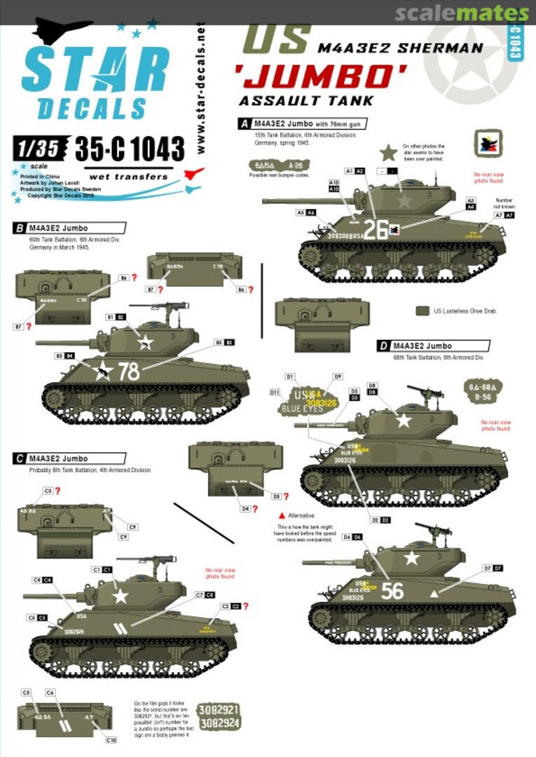 Boxart Jumbo Assault Tank 35-C1043 Star Decals