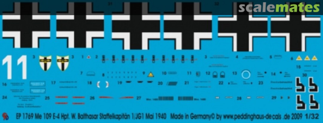 Boxart Me 109E-4 Hpt. Wilhelm Balthasar Staffelkapitän 1/JG 1 May 1940 EP 1769 Peddinghaus-Decals