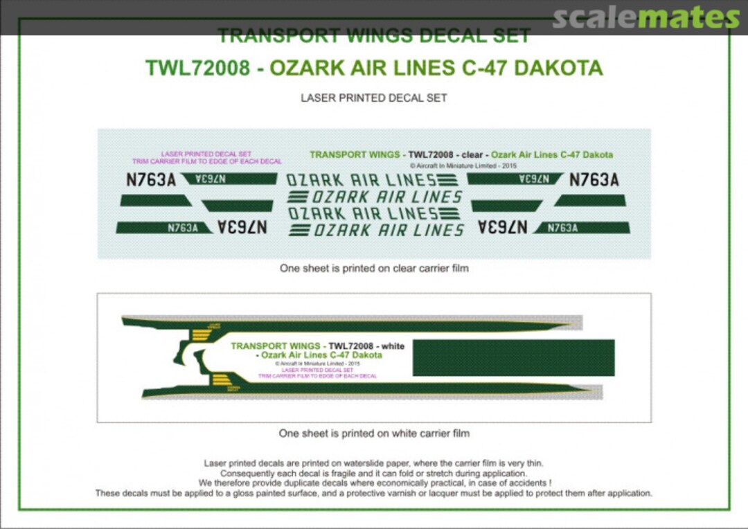 Contents Ozark Air Lines C-47 Dakota (circa 2006) decal set TWL72008 Aircraft In Miniature Ltd