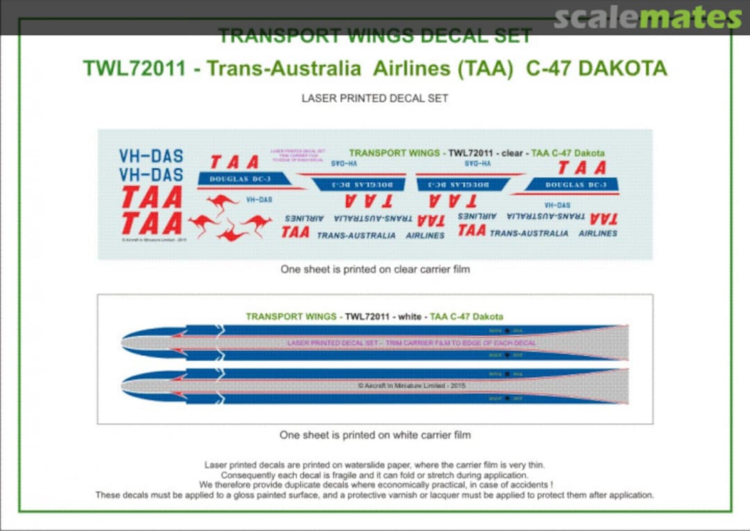 Contents Trans-Australia Airlines (TAA) C-47 Dakota (circa 1960) decal set TWL72011 Aircraft In Miniature Ltd