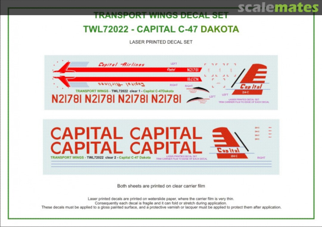 Contents Capital Airlines C-47 Dakota (circa 1955) decal set TWL72022 Aircraft In Miniature Ltd