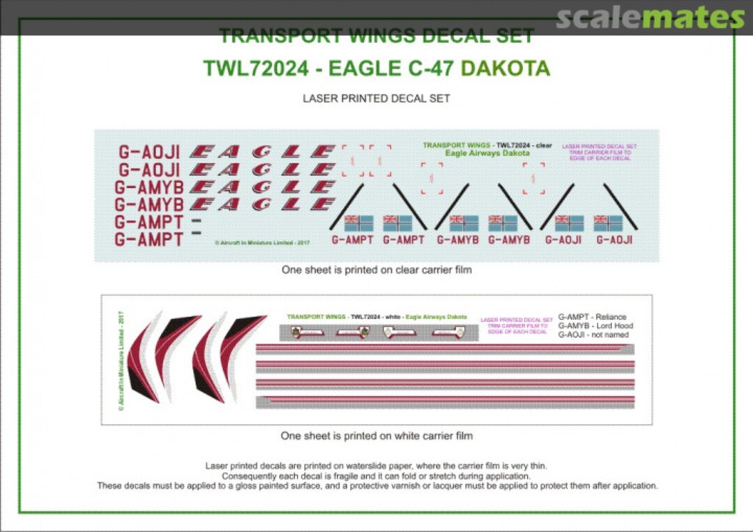 Contents Eagle Airways C-47 Dakota (circa 1956) decal set TWL72024 Aircraft In Miniature Ltd