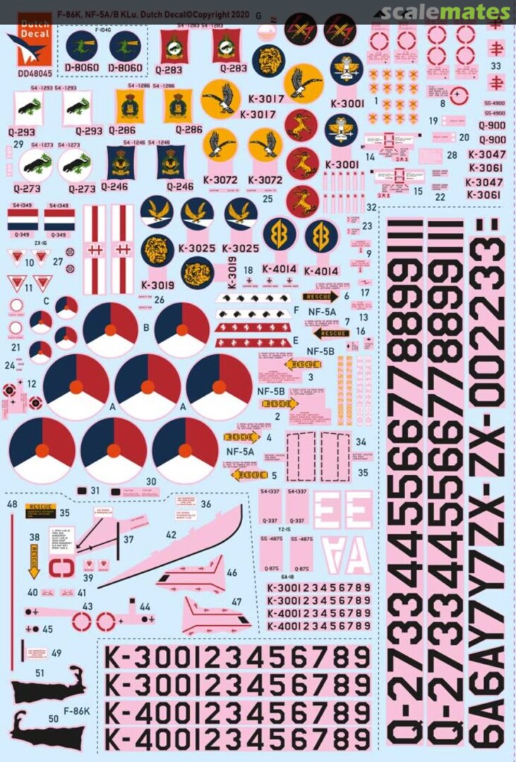 Contents F-86K Sabre 'Kaasjager', NF-5A/B (Paint scheme I and II) 48045 Dutch Decal