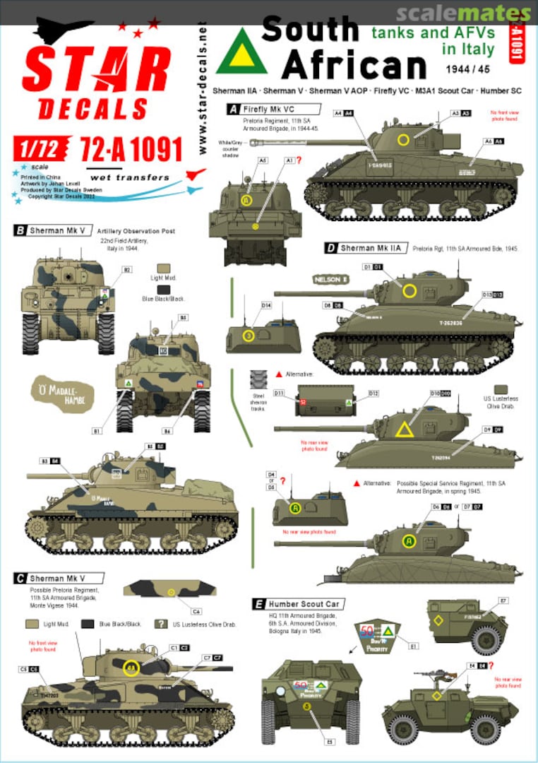 Boxart South African Tank and AFVs in Italy 1944/45 72-A1091 Star Decals