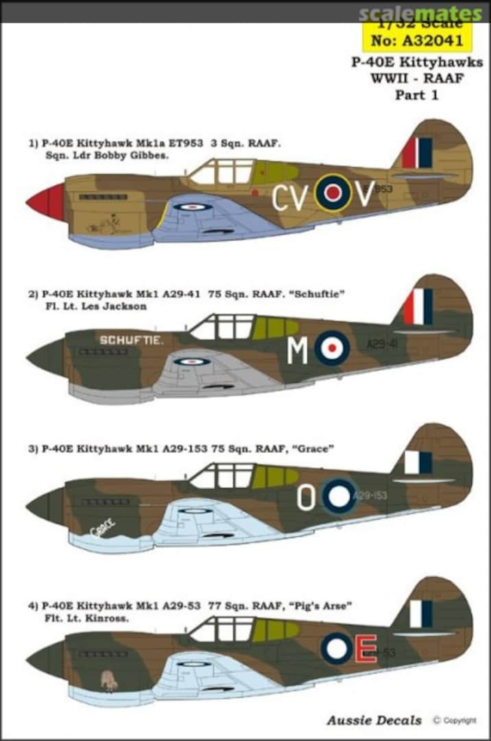 Boxart Curtiss P-40E Kittyhawk A32041 Aussie Decals