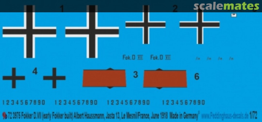 Boxart Fokker D.VII (early fokkerbulit) Albert Haussmann, Jasta 13, Le Mesnil/France, June 1918 72 3975 Peddinghaus-Decals