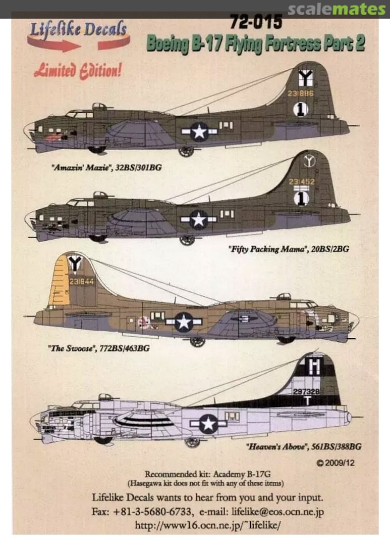 Boxart B-17 Flying Fortress 72-015 Lifelike Decals