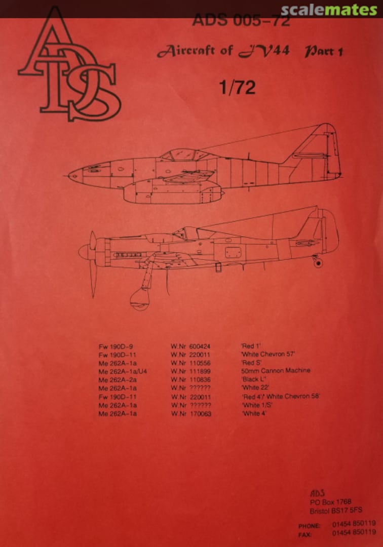 Boxart Aircraft of JV44 Part 1 ADS 005-72 ADS Decals