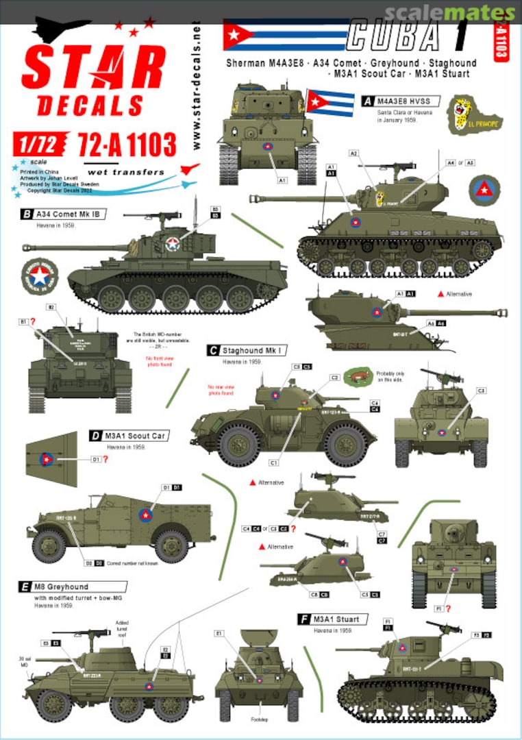 Boxart Tanks and AFVs in Cuba #1 Sherman M4A3E8 A34 Comet StagHound Greyhound M3A1 Scout Car M3A1 Stuart 72-A1103 Star Decals