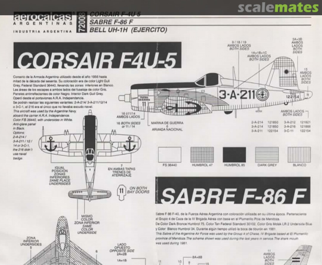 Boxart Corsair F4U-5, Sabre F-86F & Bell UH-1H (Ejército) 72008 Aerocalcas Argentinas