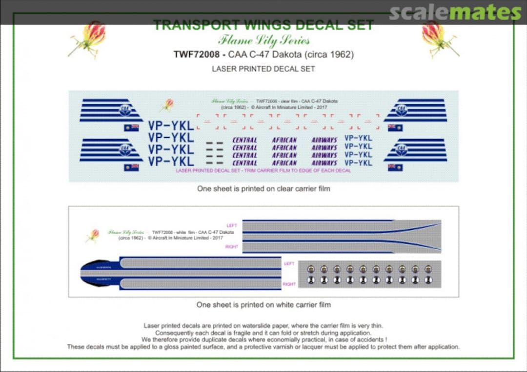 Contents Central African Airways C-47 Dakota (circa 1962) decal set TWF72008 Aircraft In Miniature Ltd