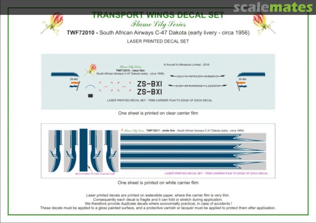 Contents South African Airways C-47 Dakota, early livery (circa 1956) decal set TWF72010 Aircraft In Miniature Ltd