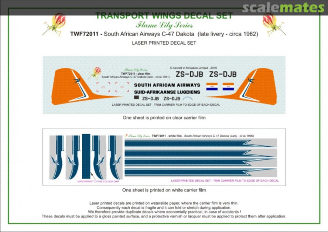 Contents South African Airways C-47 Dakota, later livery (circa 1962) decal set TWF72011 Aircraft In Miniature Ltd