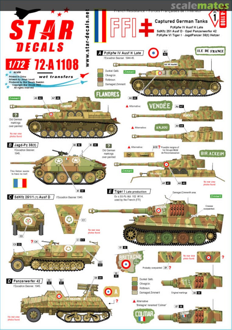 Boxart WW.II FFI #1 German Panzer IV Ausf.H Final Type SdKfz251D Panzerwerfer Tiger I Hetzer Captured by French Home Army (FFI) 72-A1108 Star Decals