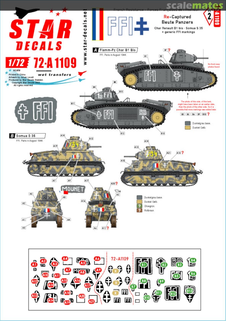 Boxart WW.II FFI #2 French tank Renault B1bis Somua S35 Recaptured by the French Home Army (FFI) and His FFI Marking (General Purpose type) 72-A1109 Star Decals