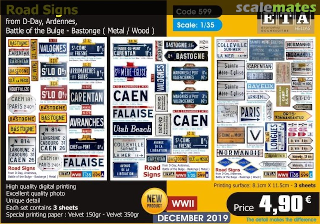 Boxart Road Signs: D-Day, Arennes, Battles of the Bulge - Bastogne 599 ETA Diorama Accessories