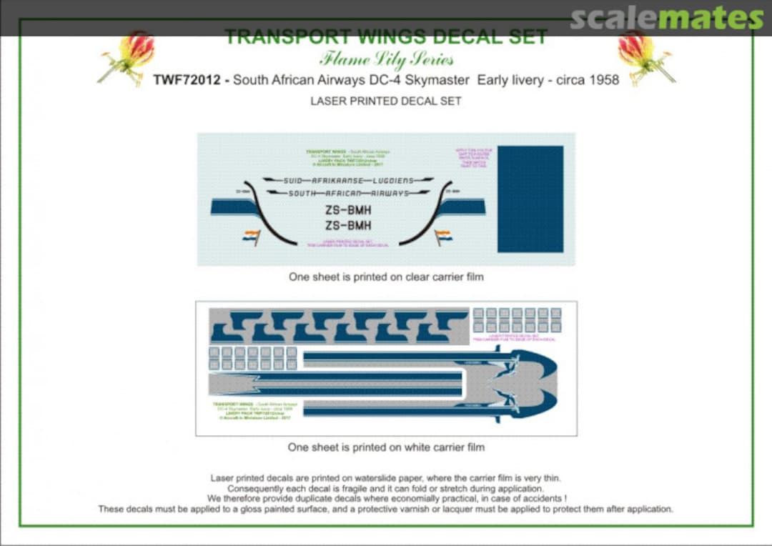 Contents South African Airways DC-4 Skymaster, early livery (circa 1964) decal set TWF72012 Aircraft In Miniature Ltd