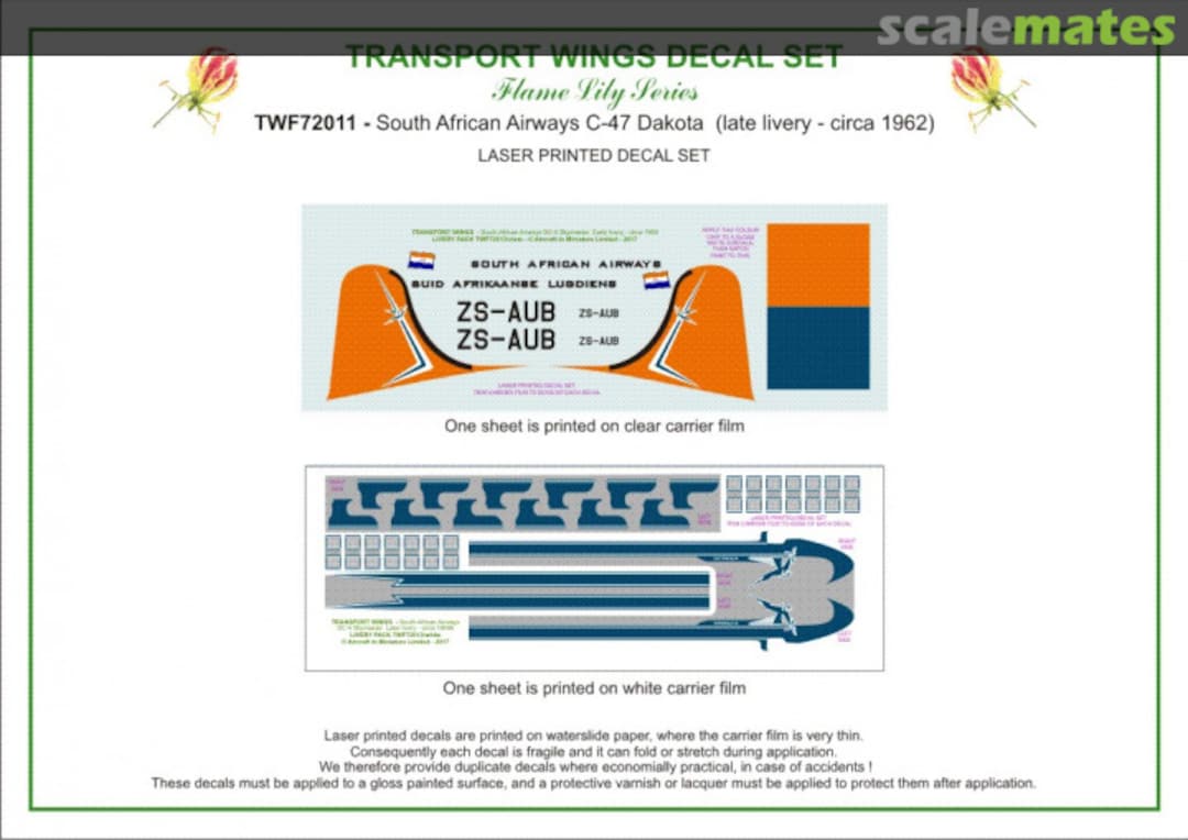 Contents South African Airways DC-4 Skymaster, later livery (circa 1964) decal set TWF72013 Aircraft In Miniature Ltd
