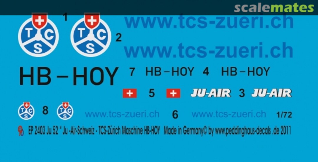 Boxart Ju 52 " Ju-Air-Schweiz TCS-Zürich Maschine HB-HOY EP 2403 Peddinghaus-Decals