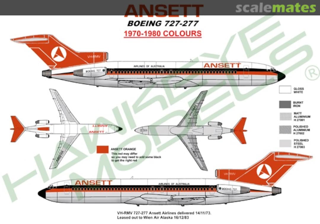 Boxart ANSETT, Boeing 727-277, 1970-1980 Colour Scheme CDS-003 Hawkeye Models