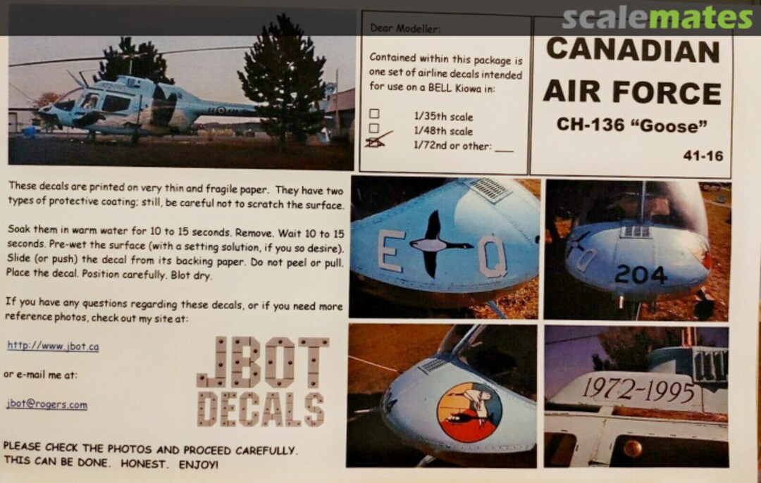 Contents Canadian Air Force CH-136 072-41-16 JBOT Decals