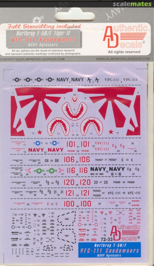 Boxart Northrop F-5N/F Tiger II 72-33 Authentic Decals