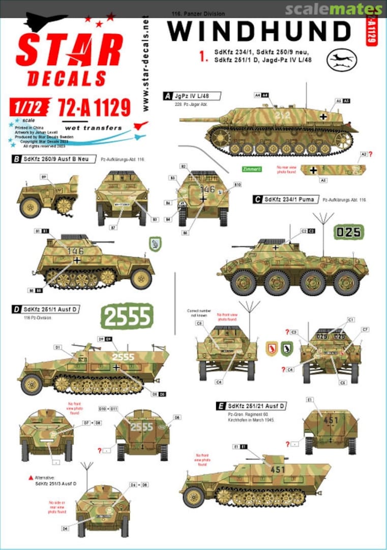 Boxart 116 Panzer Division - Windhund # 1. 72-A1129 Star Decals