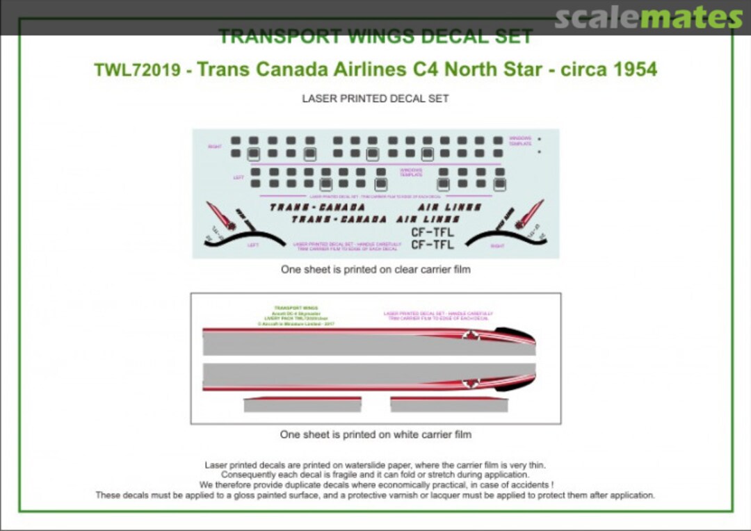 Contents Trans-Canada Airlines C-4 North Star (circa 1954) decal set TWL72019 Aircraft In Miniature Ltd