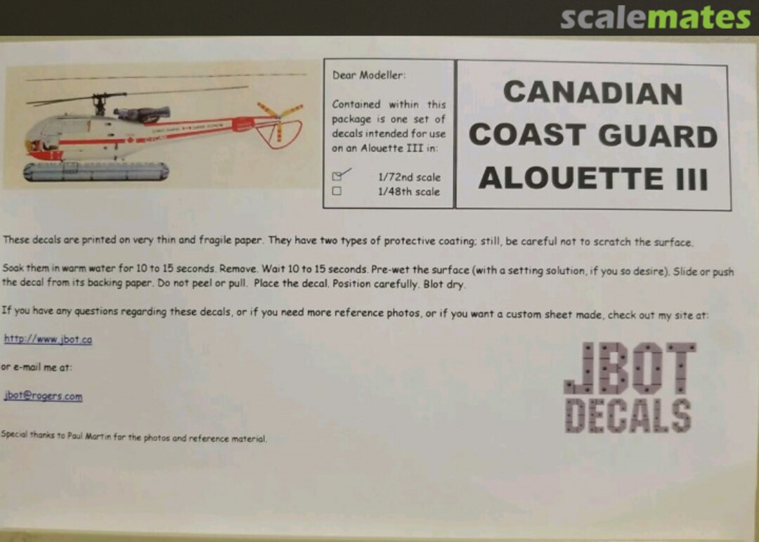 Boxart Canadian Coast Guard Alouette III w/ Floats 72-098-02 JBOT Decals