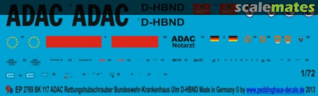 Boxart BK 117 ADAC Rettungshubschrauber D-HBND Bundeswehr-Krankenhaus Ulm EP 2769 Peddinghaus-Decals