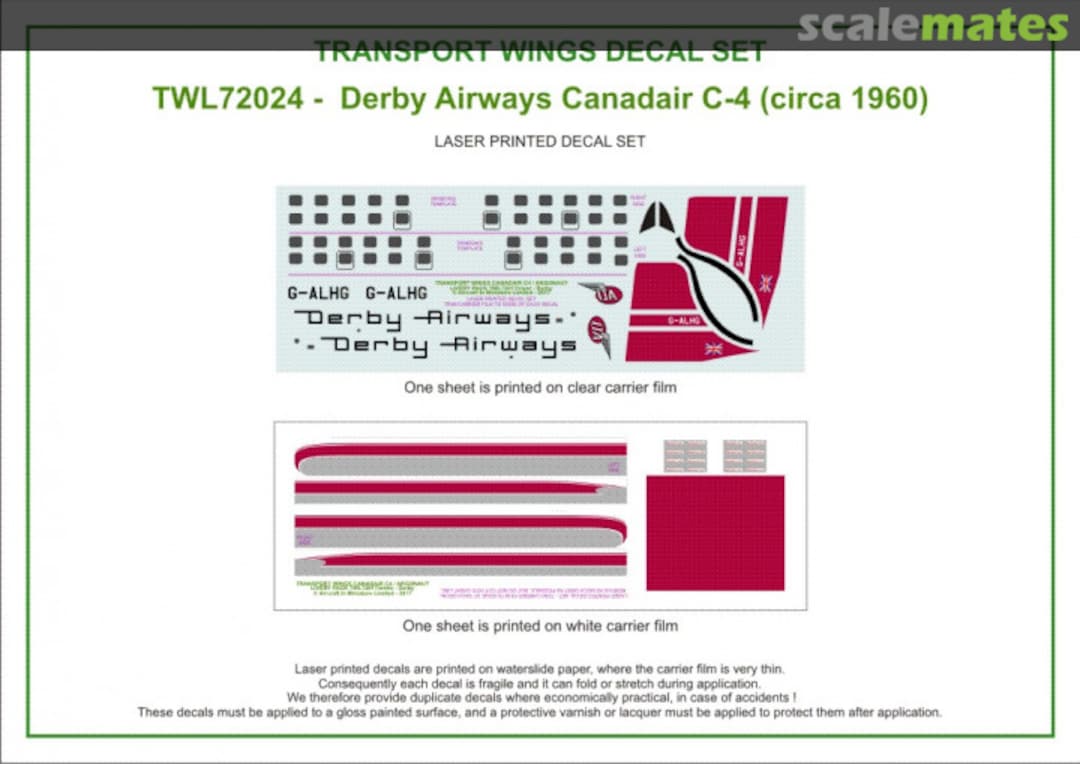 Contents Derby Airways Canadair C-4 (circa 1963) decal set TWL72017 Aircraft In Miniature Ltd