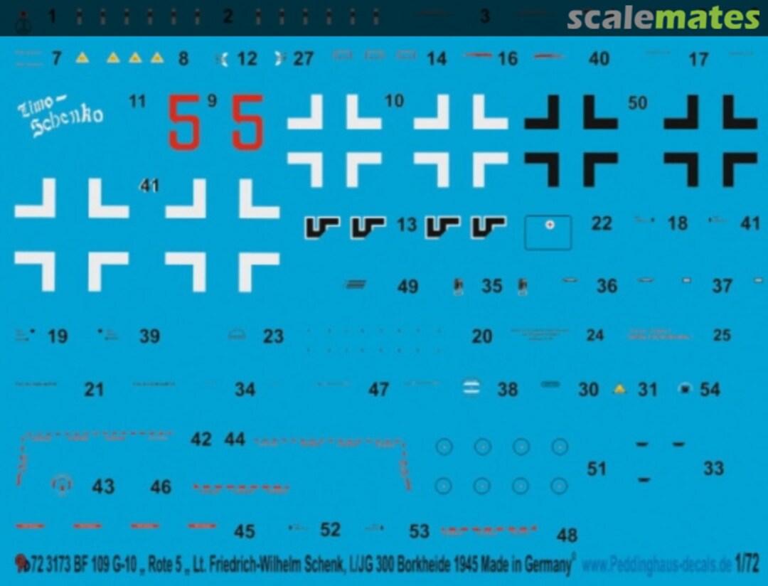 Boxart Bf 109 G-10 "Red 5" Lt. Friedrich Wilhelm Schenck, I./JG 300 72 3173 Peddinghaus-Decals